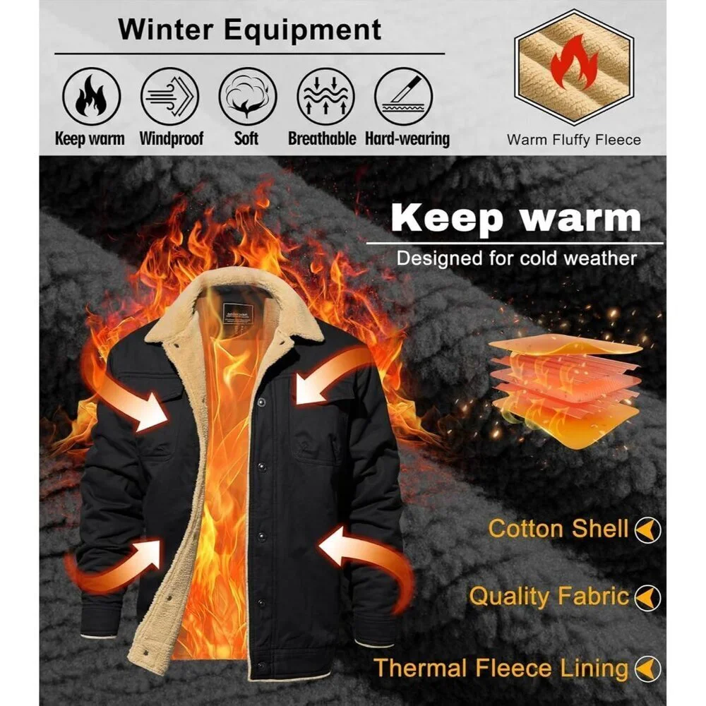Men's Black Winter Thick Thermal Cotton Warm Fleece Lined Coat Cargo Jackets